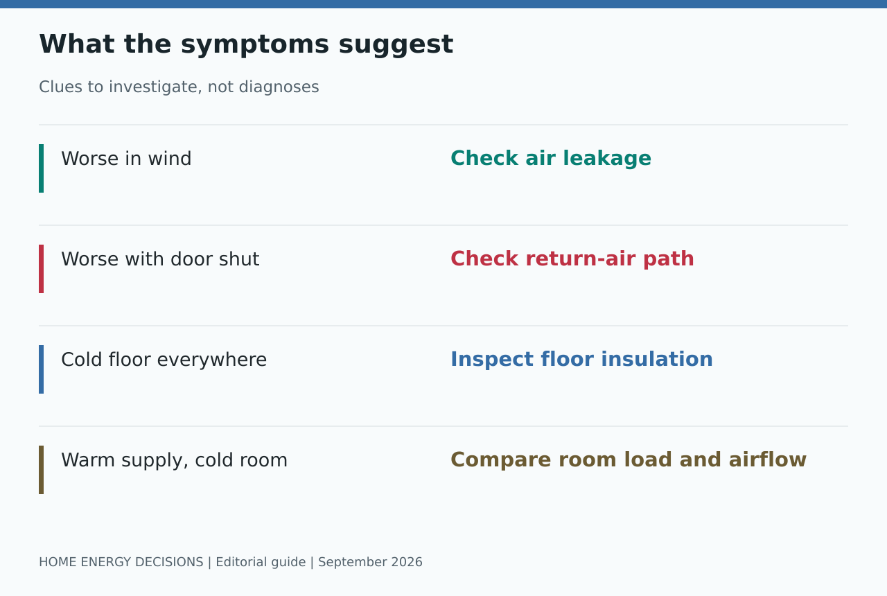 What the symptoms suggest: Worse in wind - Check air leakage; Worse with door shut - Check return-air path; Cold floor everywhere - Inspect floor insulation; Warm supply, cold room - Compare room load and airflow
