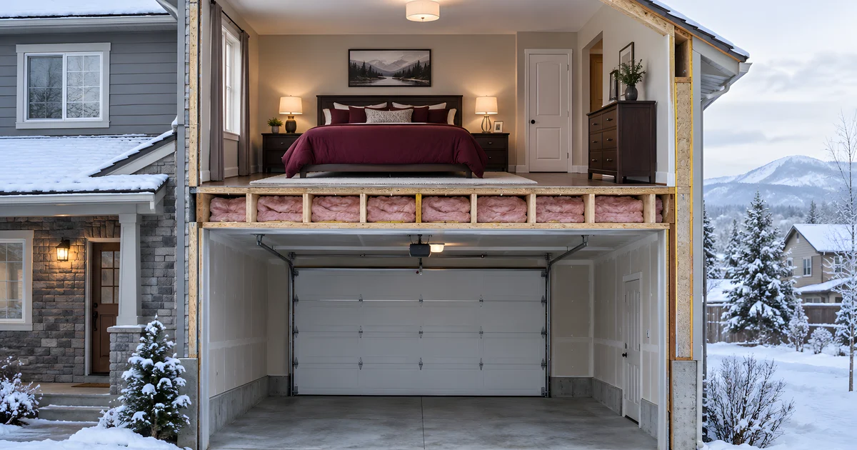 AI-generated house cutaway showing a bedroom floor above an unconditioned garage