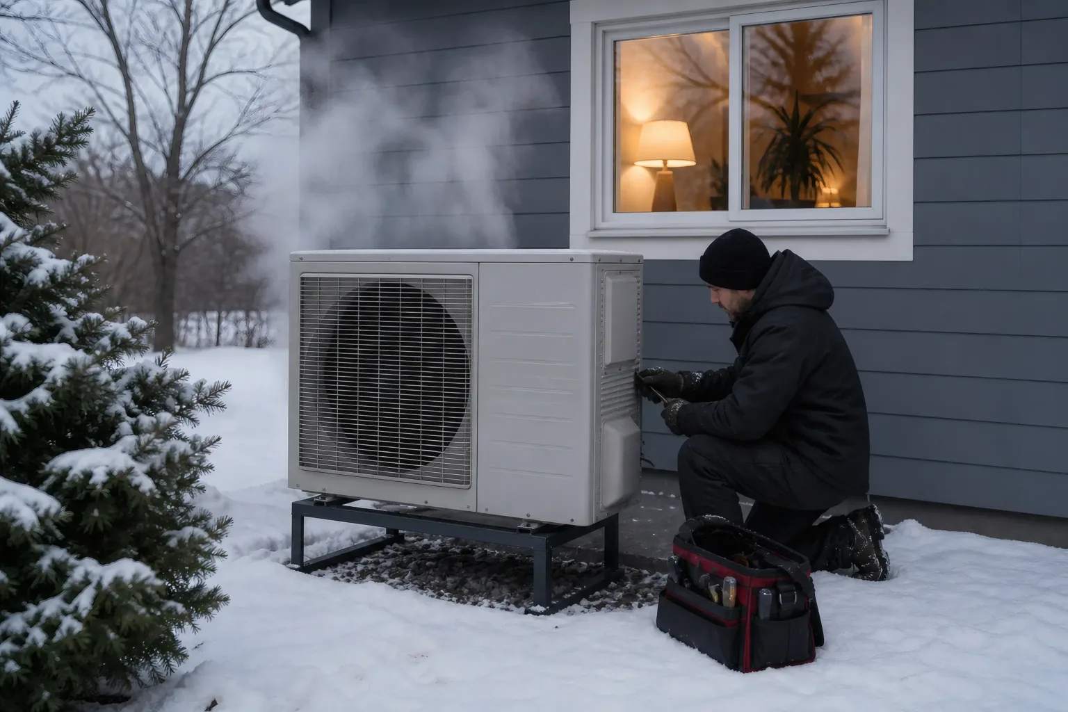Technician checking an elevated residential heat-pump outdoor unit during light snowfall and a normal defrost cycle