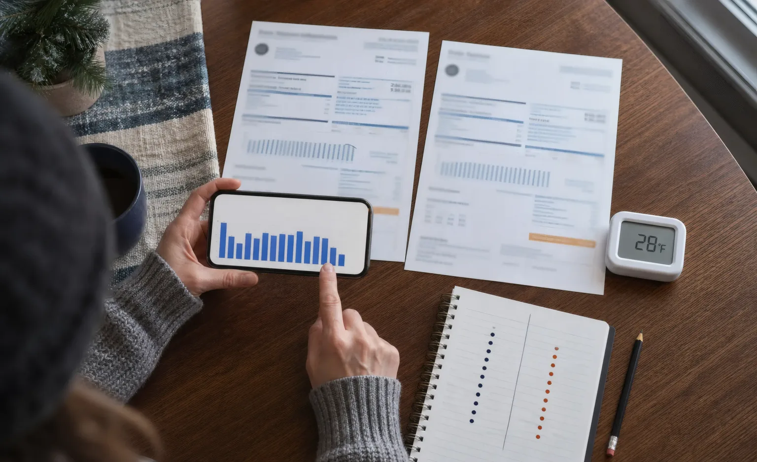 Homeowner comparing a phone chart of daily heating runtime with two utility statements and a thermometer reading 28 degrees Fahrenheit