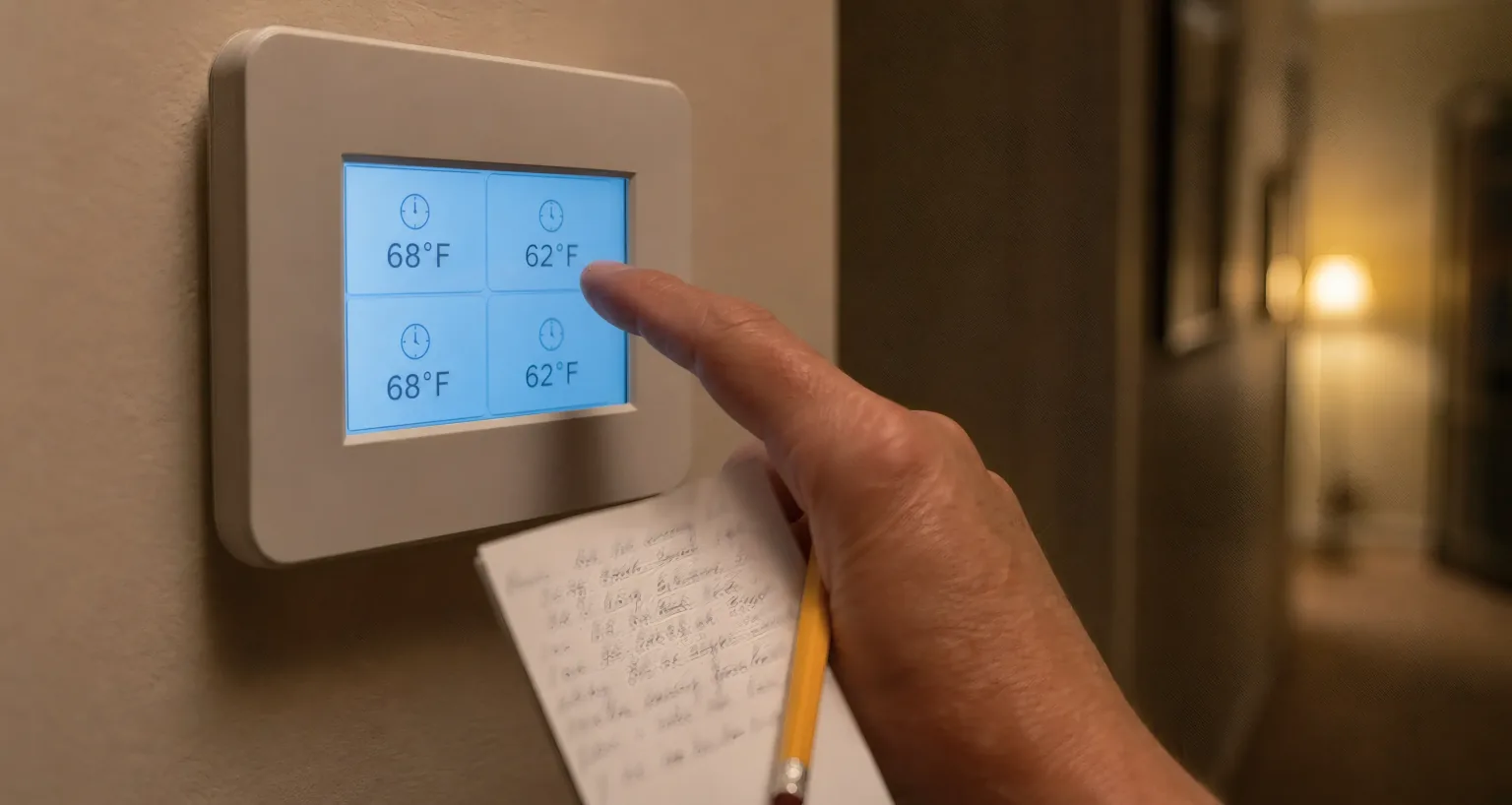 Finger programming a wall thermostat with alternating daytime and nighttime winter temperatures