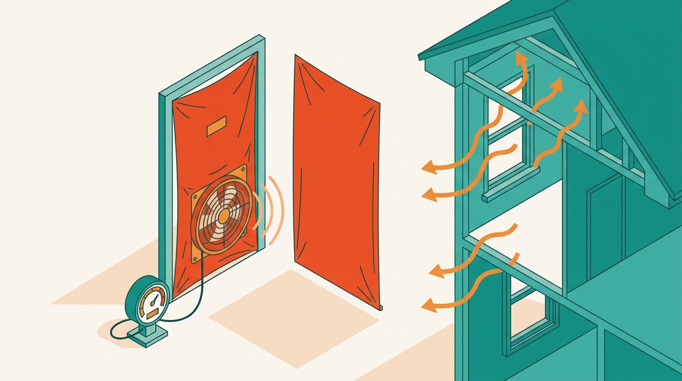 Diagram of a blower door test: a calibrated fan sealed into the front doorway depressurizes the house to 50 pascals while arrows show outside air rushing in through the attic hatch, recessed lights, top plates, and rim joist