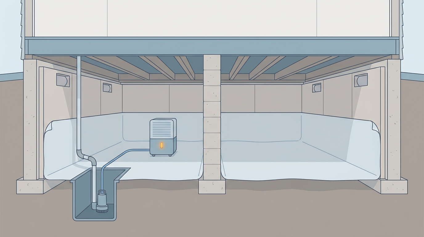 Cutaway diagram of an encapsulated crawl space showing the sealed vapor barrier on the floor and up the walls, sealed foundation vents, wall insulation, a dehumidifier, and a sump pit, with cost-driver labels.