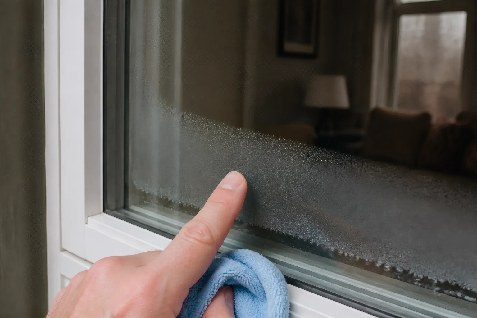 Close view of moisture trapped inside a double-pane window while the room-side glass is wiped