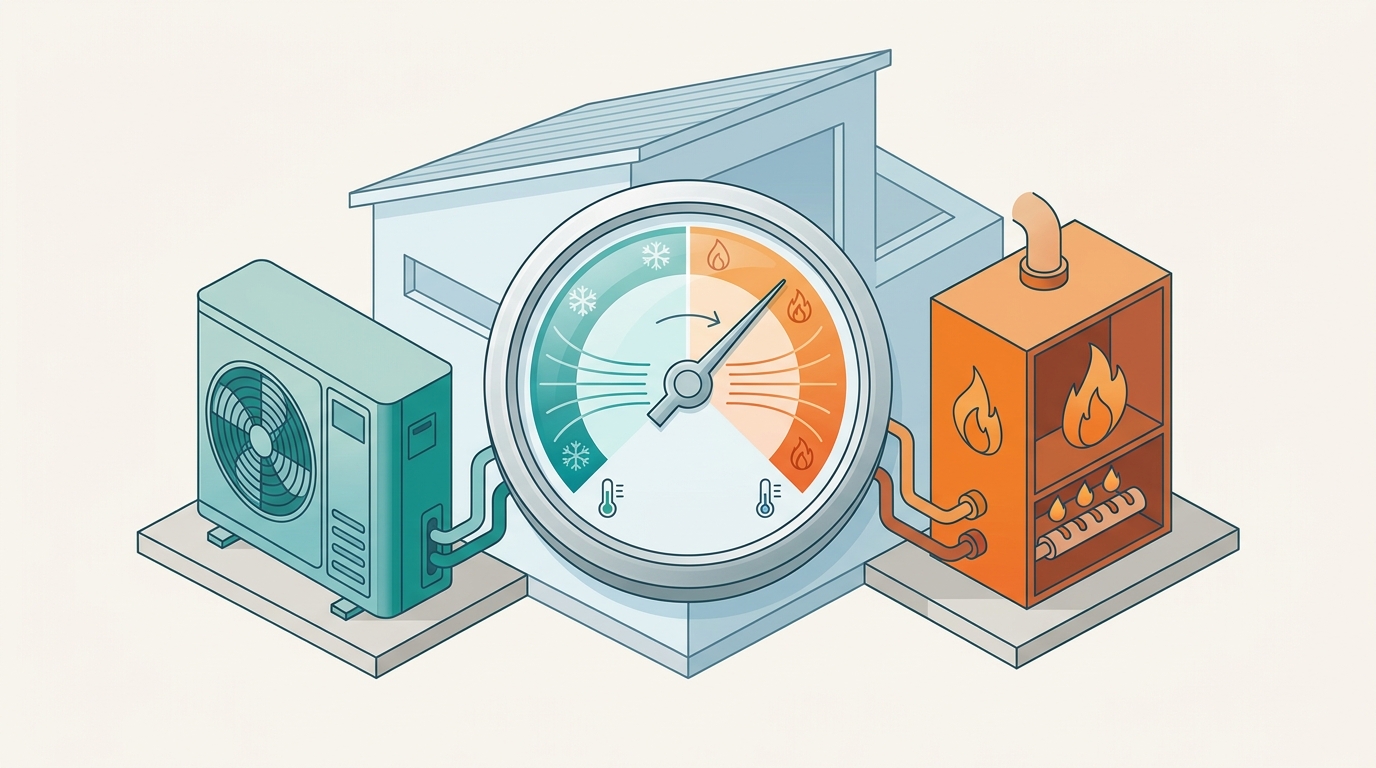 Diagram of a dual-fuel system: a heat pump and a gas furnace sharing one duct system, with a dual-fuel thermostat switching between them at an outdoor balance-point temperature