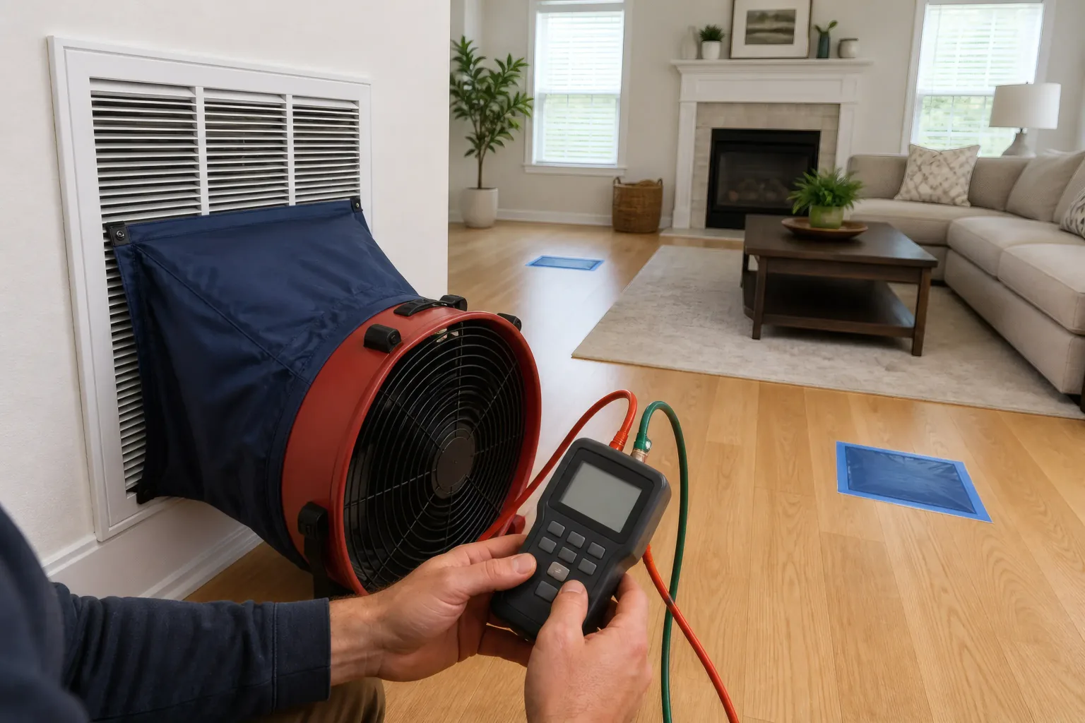 A calibrated red duct-testing fan connected to a return grille while floor registers are sealed with blue film