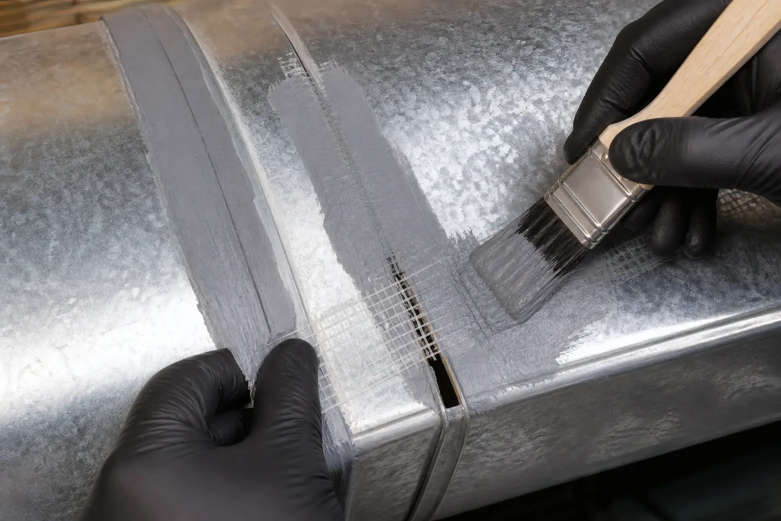 Gloved hands embed fiberglass mesh in gray mastic across a wide galvanized duct joint