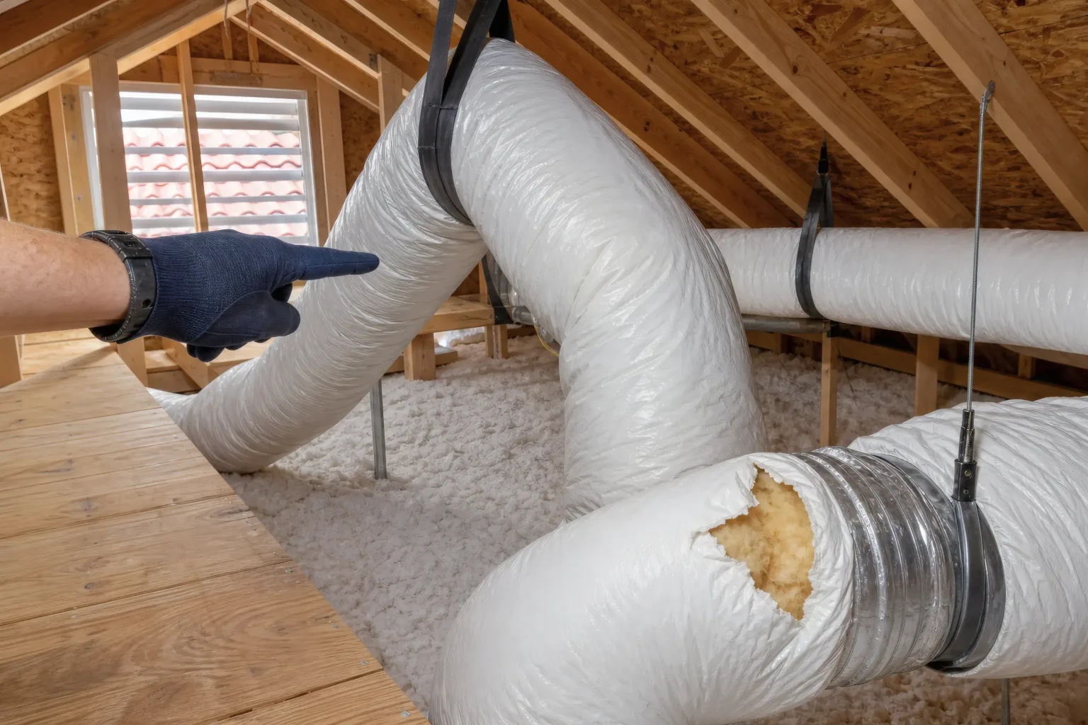 A technician points to a sharply kinked flex duct and a torn insulation jacket in a Phoenix attic