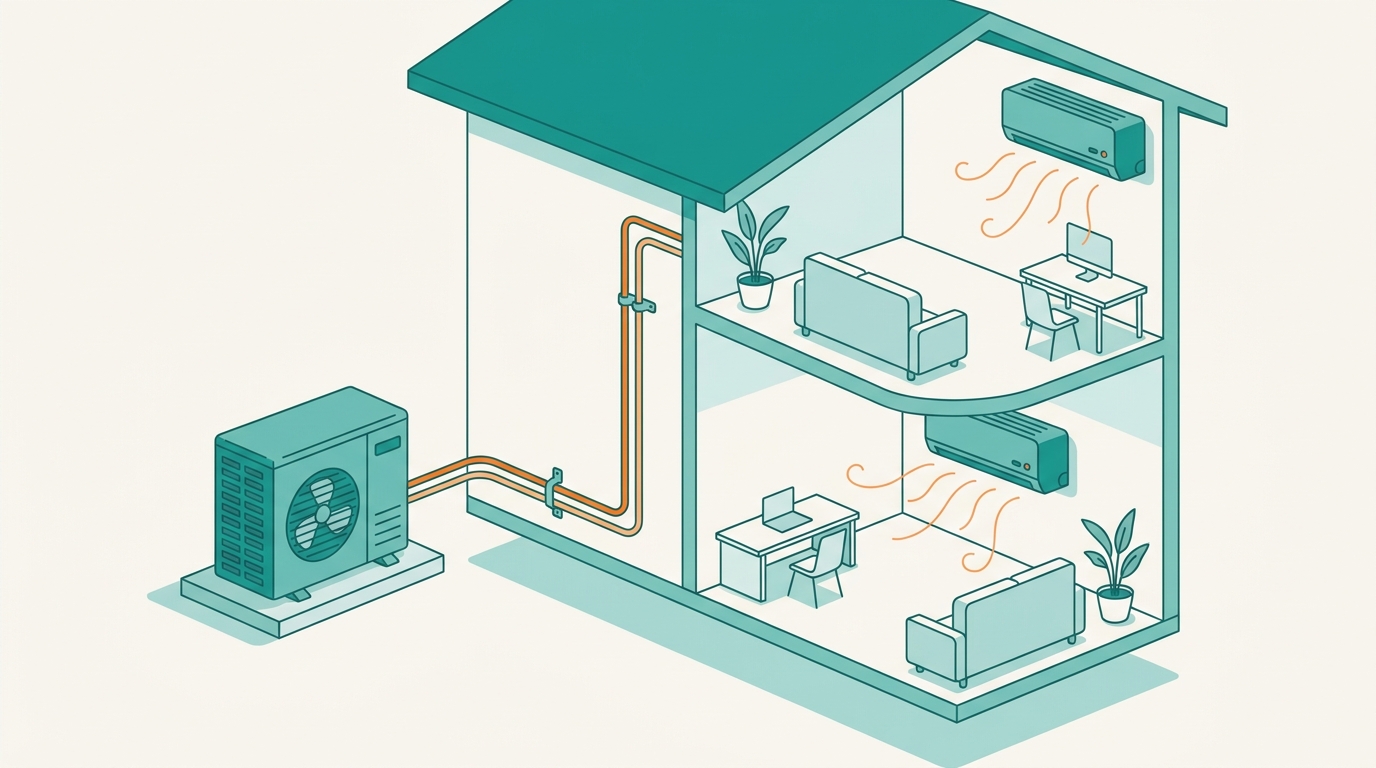 Illustration of a ductless mini split indoor wall head connected to an outdoor condenser by a line-set route, with a condensate drain and electrical disconnect labeled