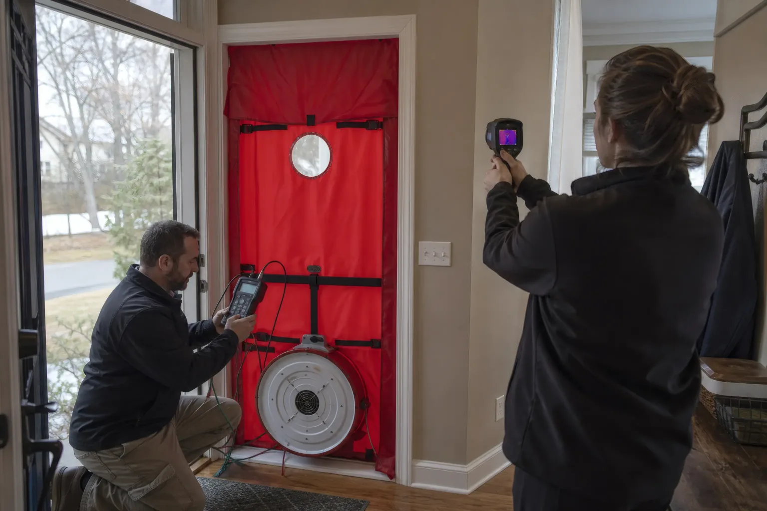 Energy auditor operating a blower door while another person scans a wall with a thermal camera