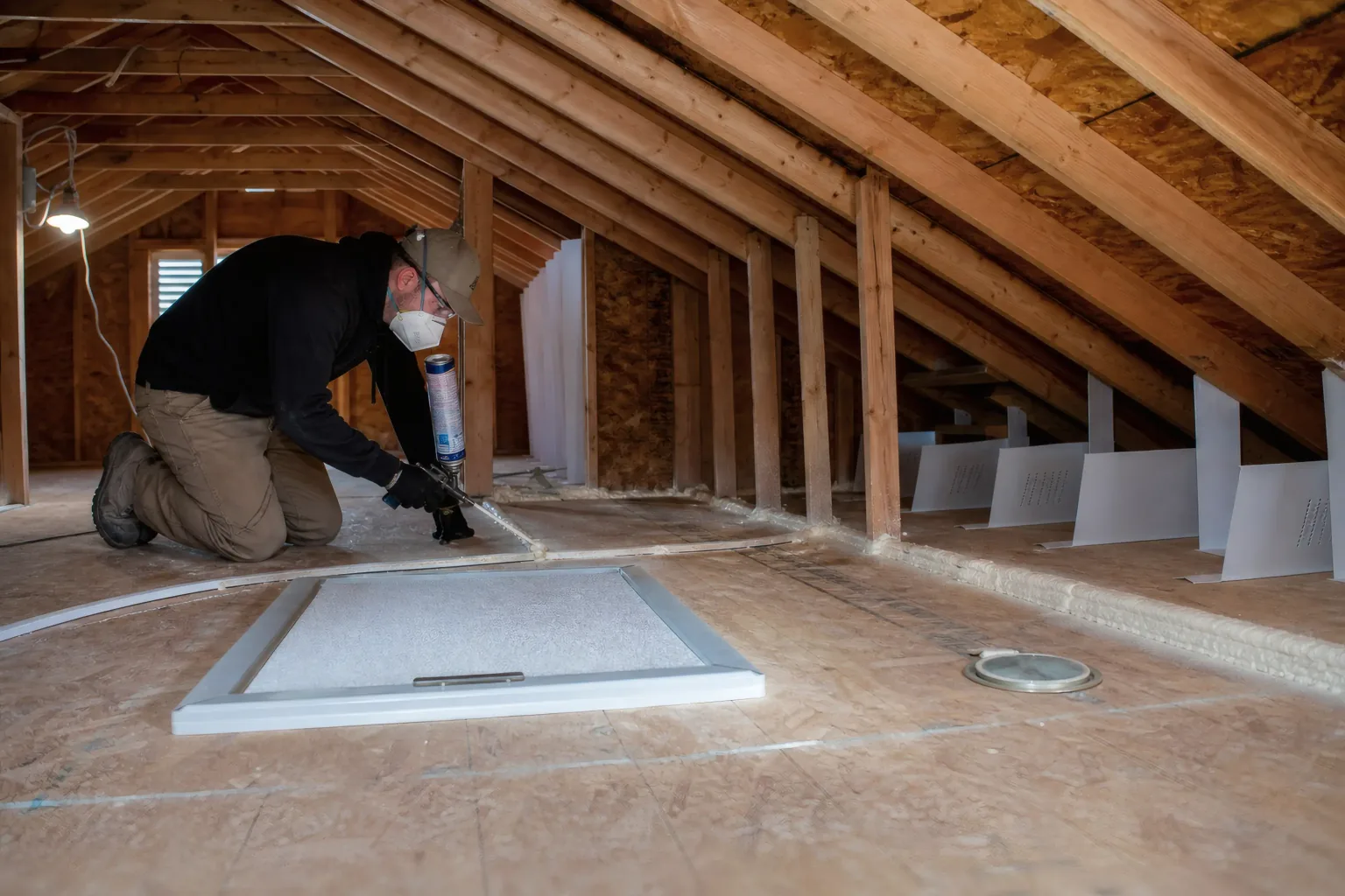 Insulation worker sealing an attic-floor penetration beside a protected recessed light and open soffit baffles