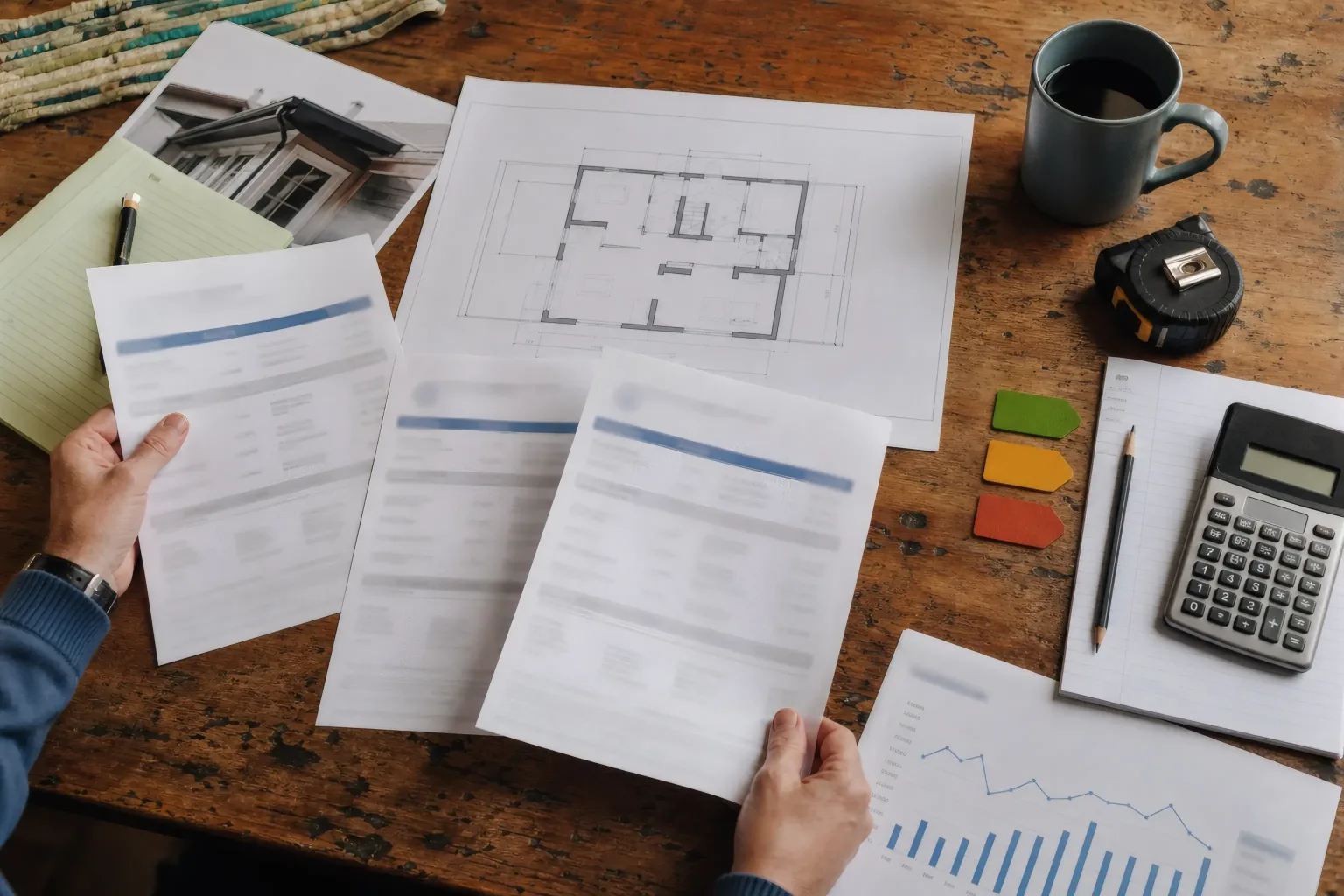 Homeowner sorting contractor estimates around a floor plan, calculator, tape measure, and three colored project tabs