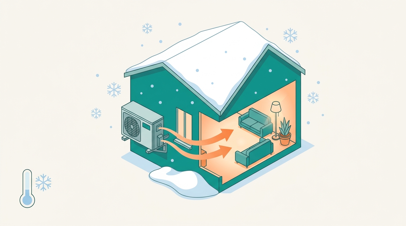 Illustration of an outdoor heat pump running in falling snow beside a warm, glowing house, with airflow arrows carrying heat indoors and a cold thermometer reading