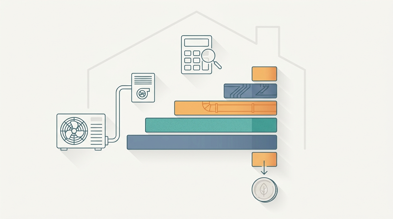 Diagram breaking a heat pump installation cost into five stacked layers: equipment, labor, ductwork, electrical and permits, with a separate tax-credit slice subtracted at the bottom.