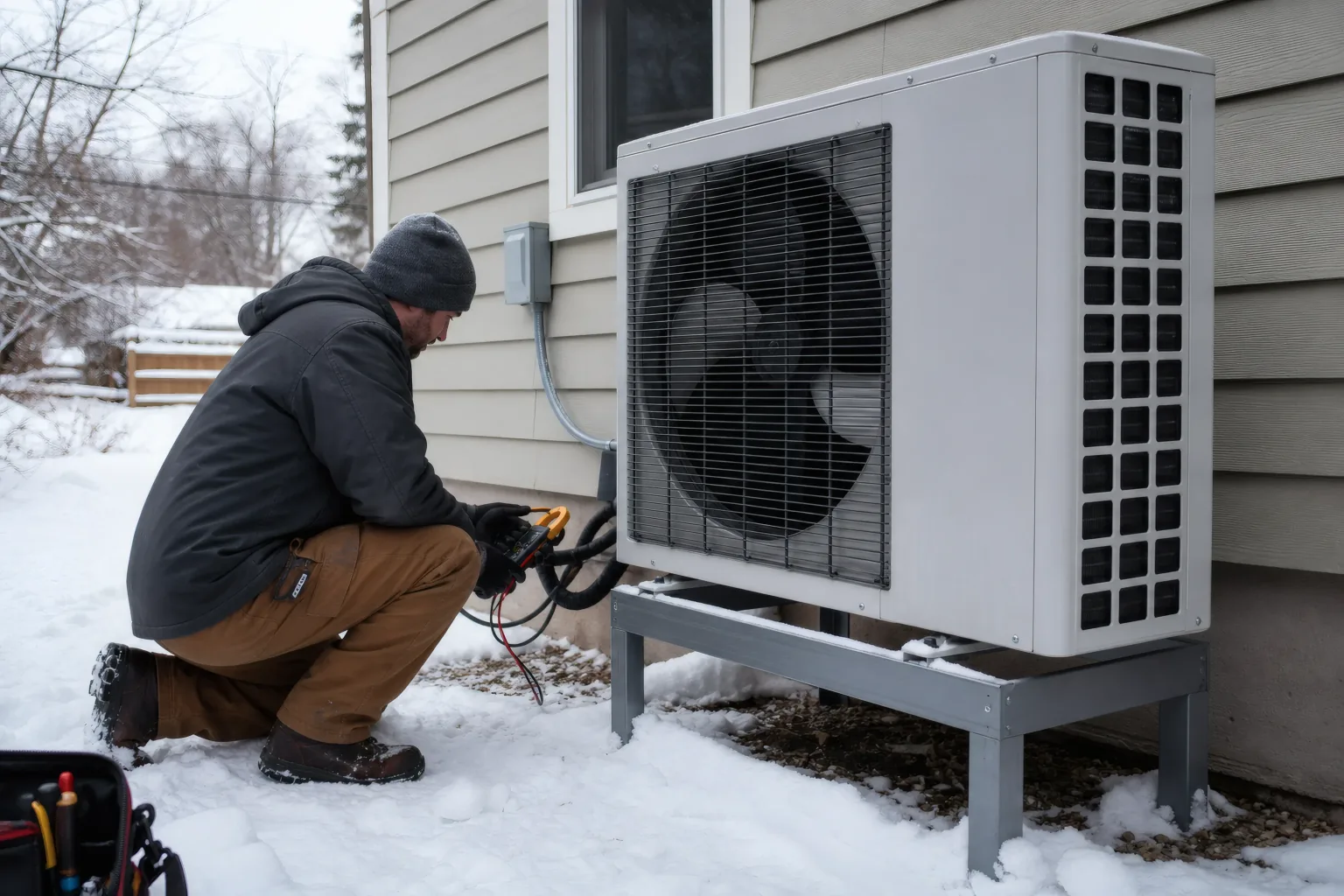 Technician testing an elevated cold-climate heat pump beside a snow-covered house
