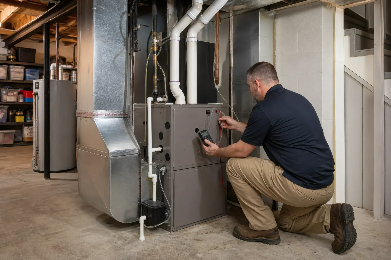 HVAC technician measuring static pressure at a high-efficiency gas furnace and duct system