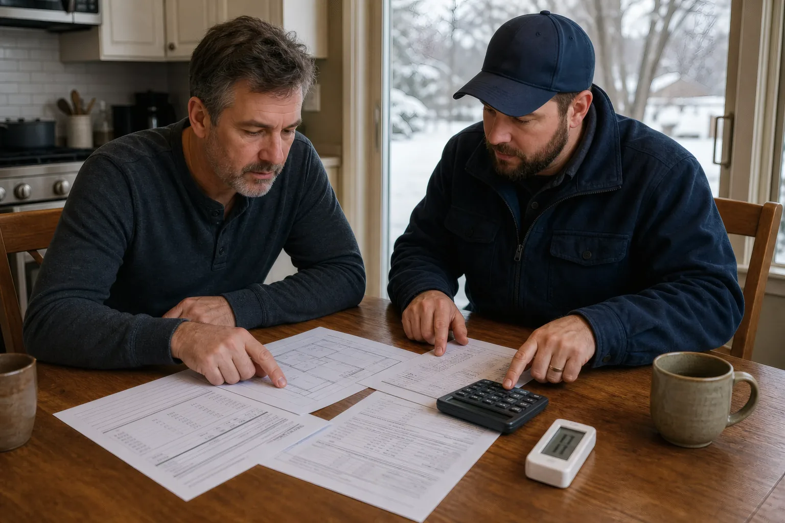 Homeowner and HVAC contractor comparing a floor plan, load worksheet, utility bills, and calculator