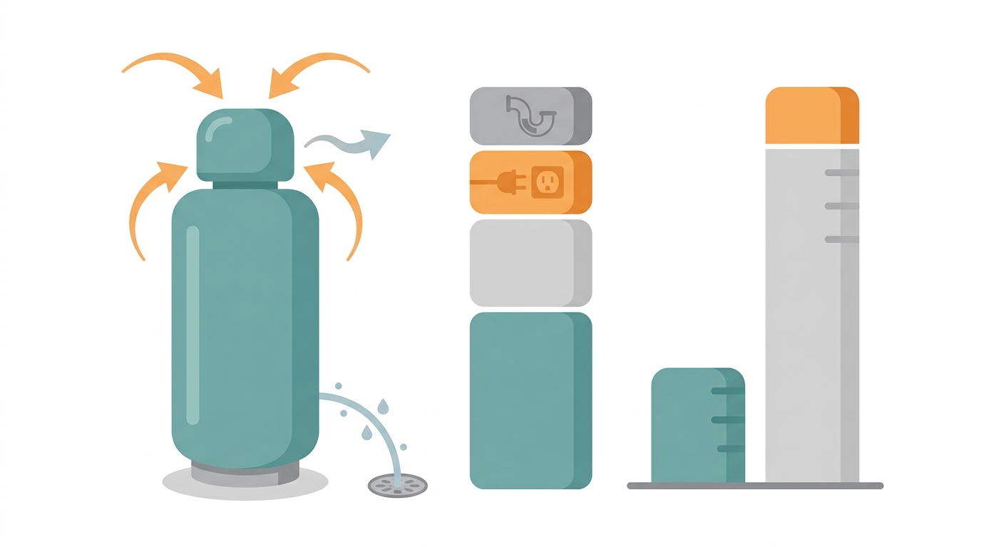 Diagram breaking a heat pump water heater installed cost into the unit, labor, electrical work, and condensate handling, with a separate bar showing yearly operating cost versus an electric resistance tank.