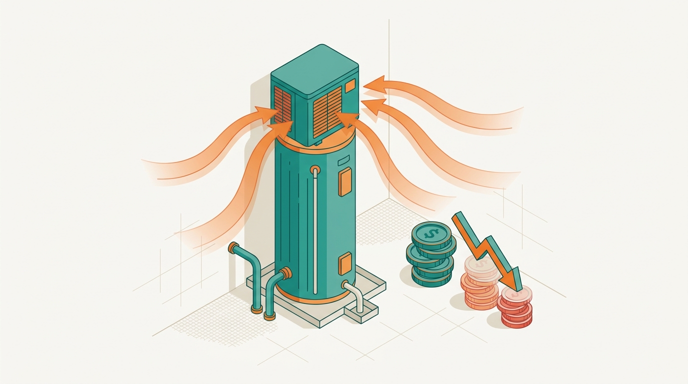 Diagram of a heat pump water heater drawing in warm air, with rising savings bars and a balance scale weighing upfront cost against accumulated savings
