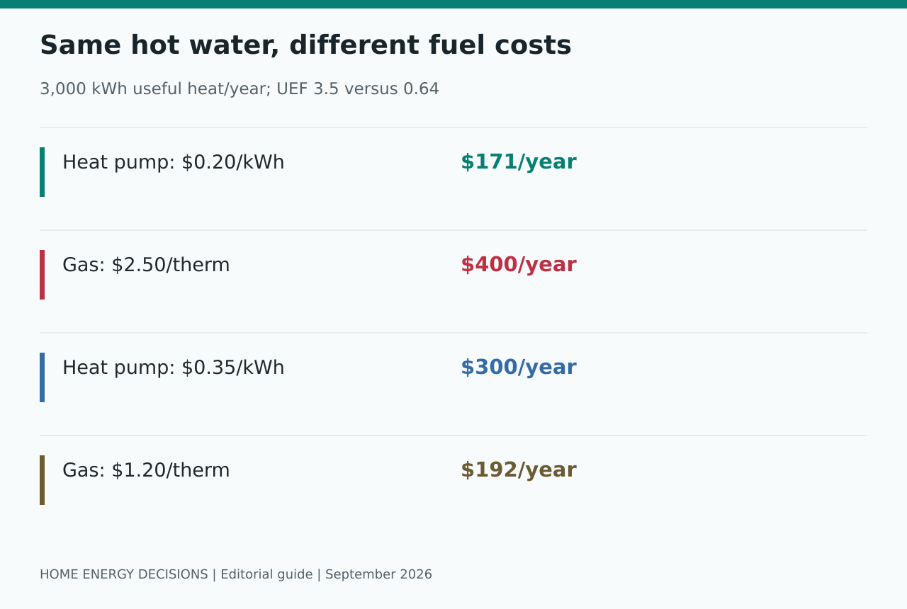 Same hot water, different fuel costs: Heat pump: $0.20/kWh - $171/year; Gas: $2.50/therm - $400/year; Heat pump: $0.35/kWh - $300/year; Gas: $1.20/therm - $192/year