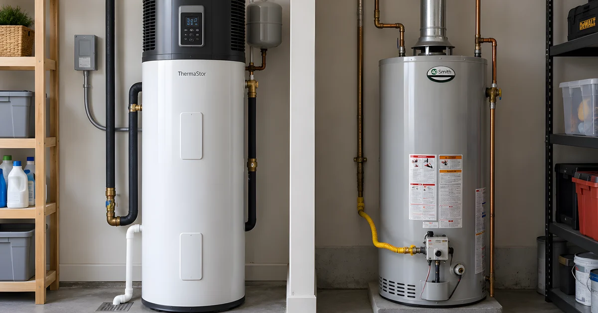 AI-generated comparison of a heat pump water heater and a gas storage water heater