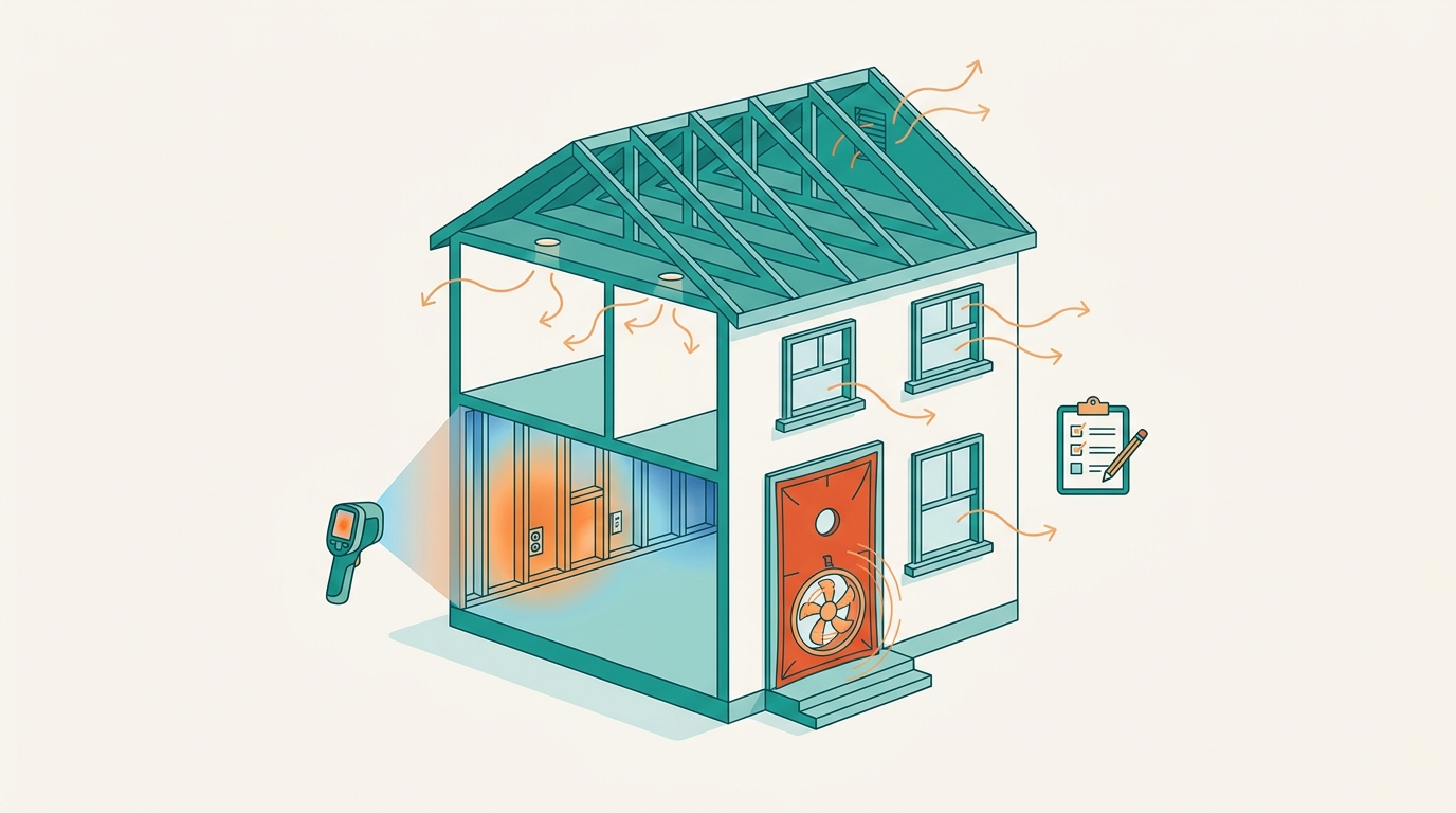 Illustration of a home energy audit: a blower door fan in the front doorway, an infrared camera showing thermal hot and cold spots on a wall, and arrows marking air leaks at the attic and around windows