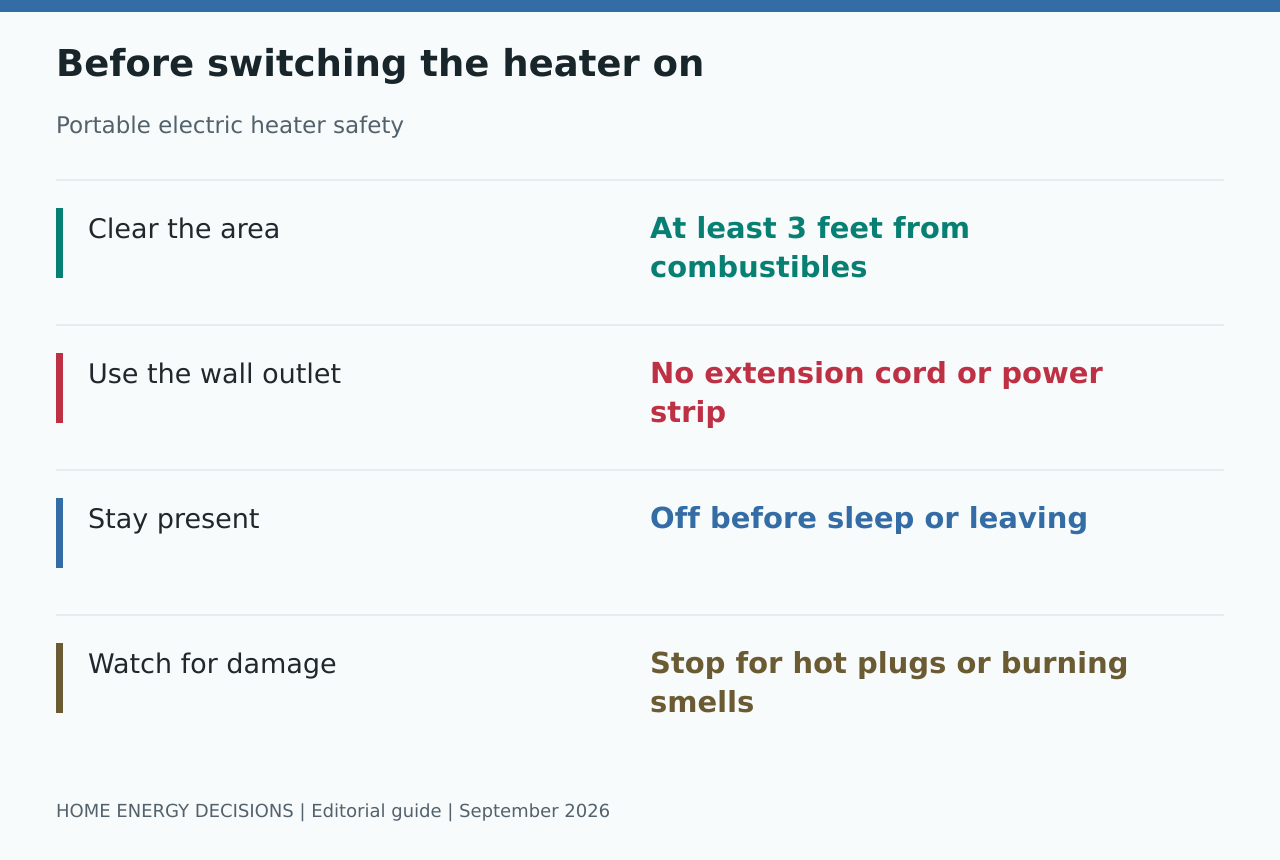 Before switching the heater on: Clear the area - At least 3 feet from combustibles; Use the wall outlet - No extension cord or power strip; Stay present - Off before sleep or leaving; Watch for damage - Stop for hot plugs or burning smells