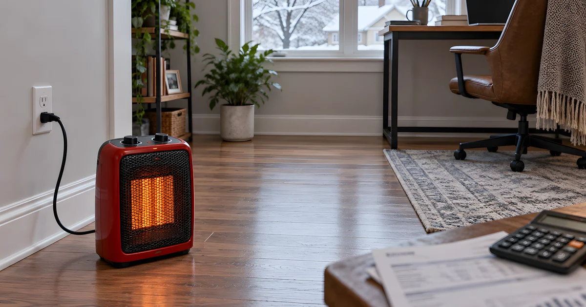 AI-generated illustration of a red space heater, wall outlet, calculator, and utility bill