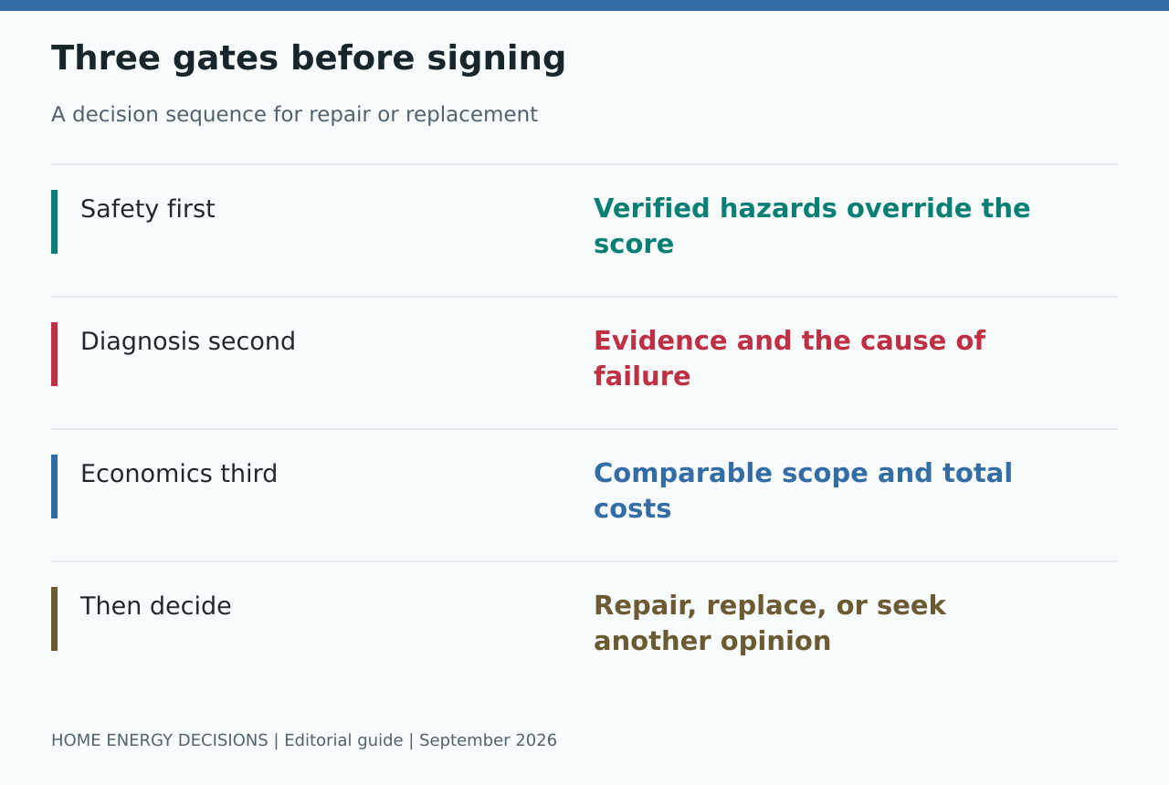 Three gates before signing: Safety first - Verified hazards override the score; Diagnosis second - Evidence and the cause of failure; Economics third - Comparable scope and total costs; Then decide - Repair, replace, or seek another opinion