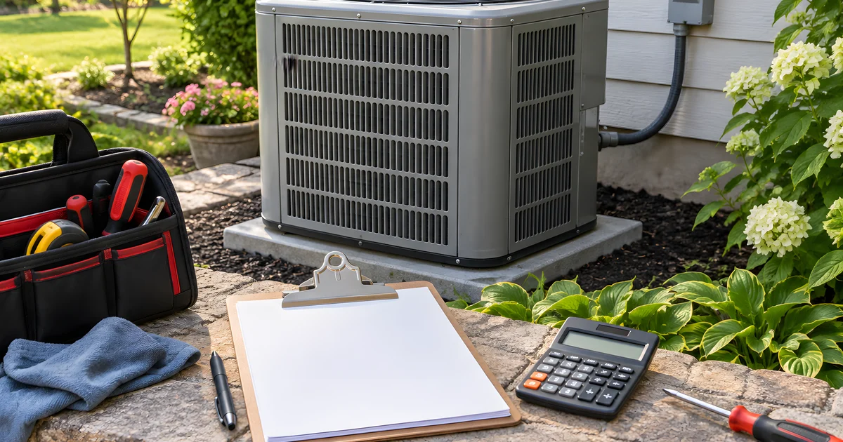 AI-generated illustration of an outdoor AC condenser beside a calculator and repair-quote clipboard