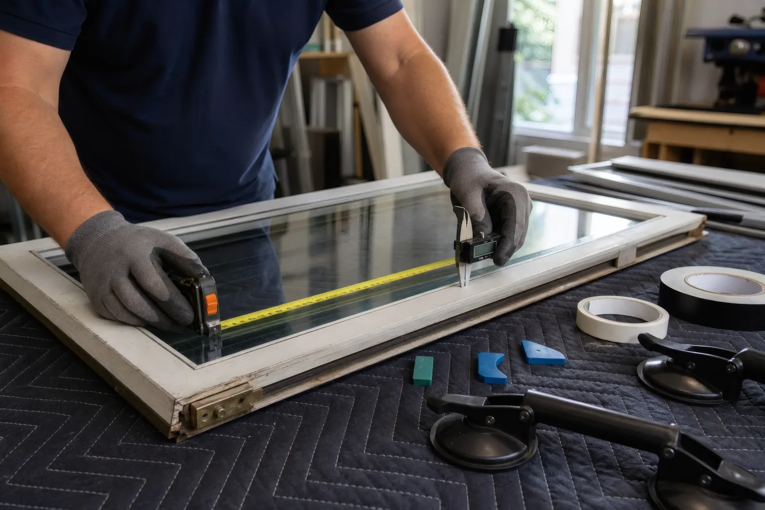 Glazier measuring a removed window sash and insulated glass thickness on a padded bench