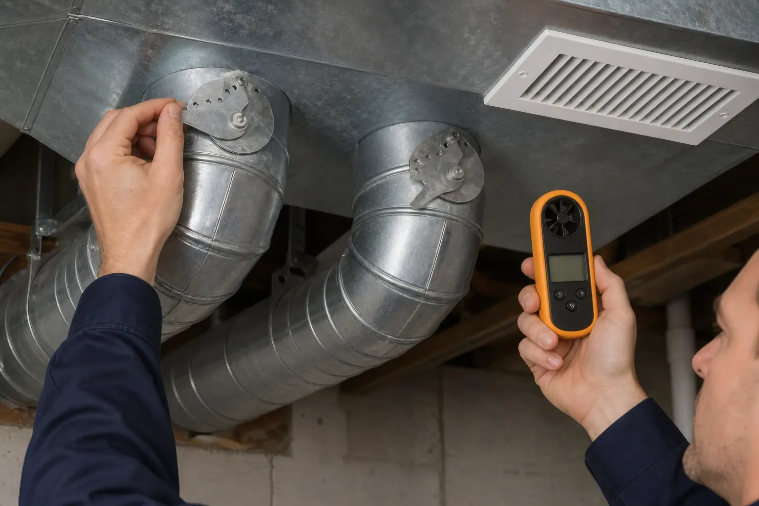 An HVAC technician adjusts manual dampers on two round branch ducts while holding an airflow meter