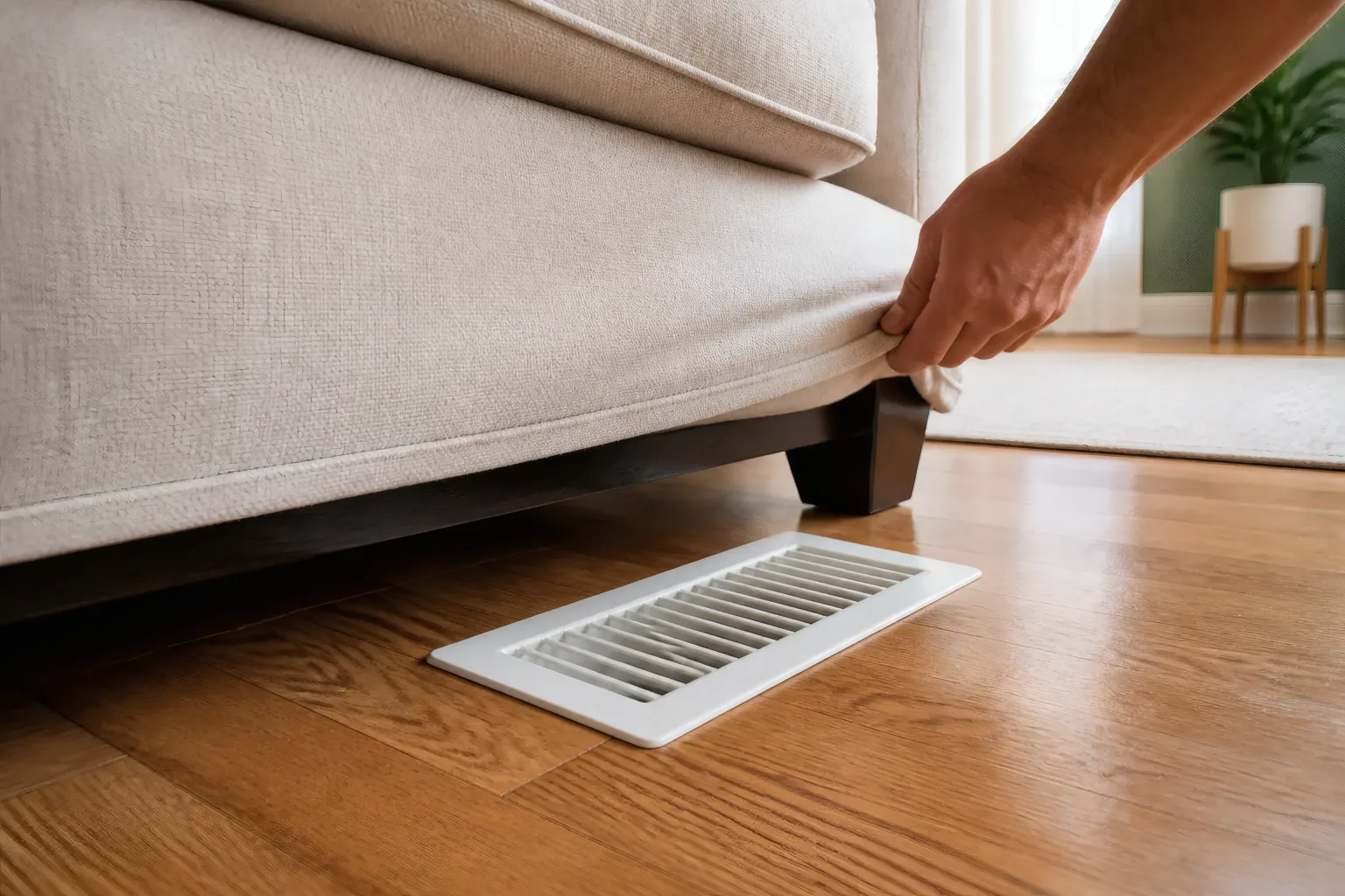 A floor supply register with clear space beside a sofa on an oak floor