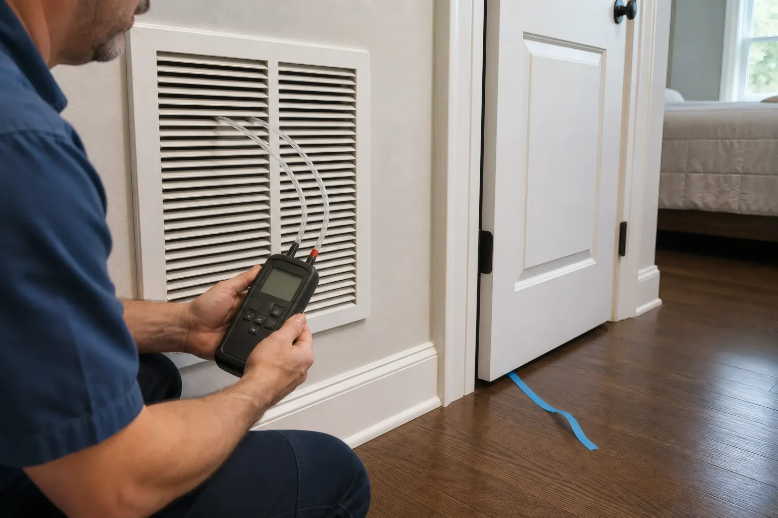 An HVAC technician measures pressure at a wall return grille beside a nearly closed bedroom door