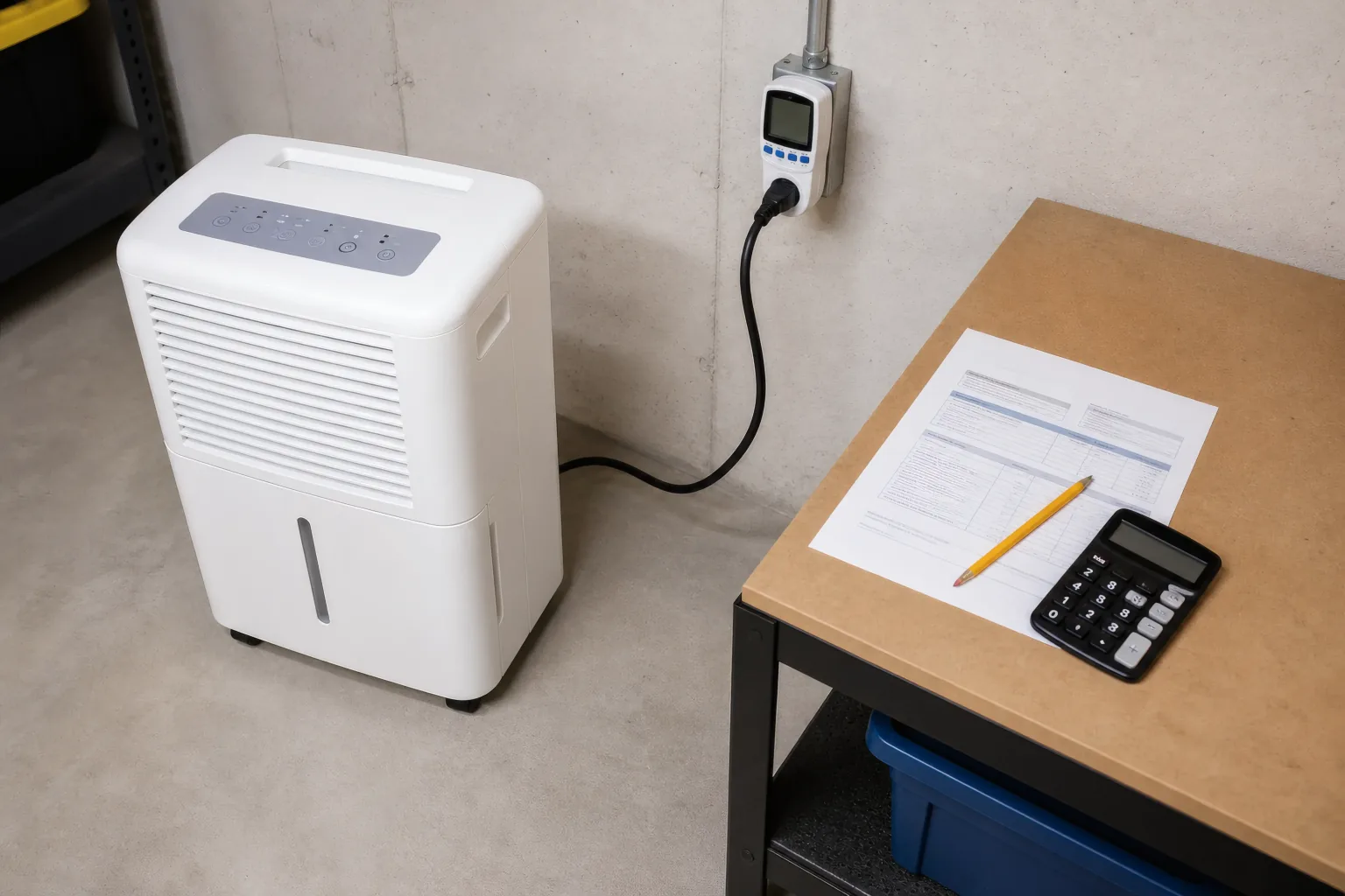 Portable dehumidifier connected safely to a plug-in electricity meter beside a utility bill and calculator