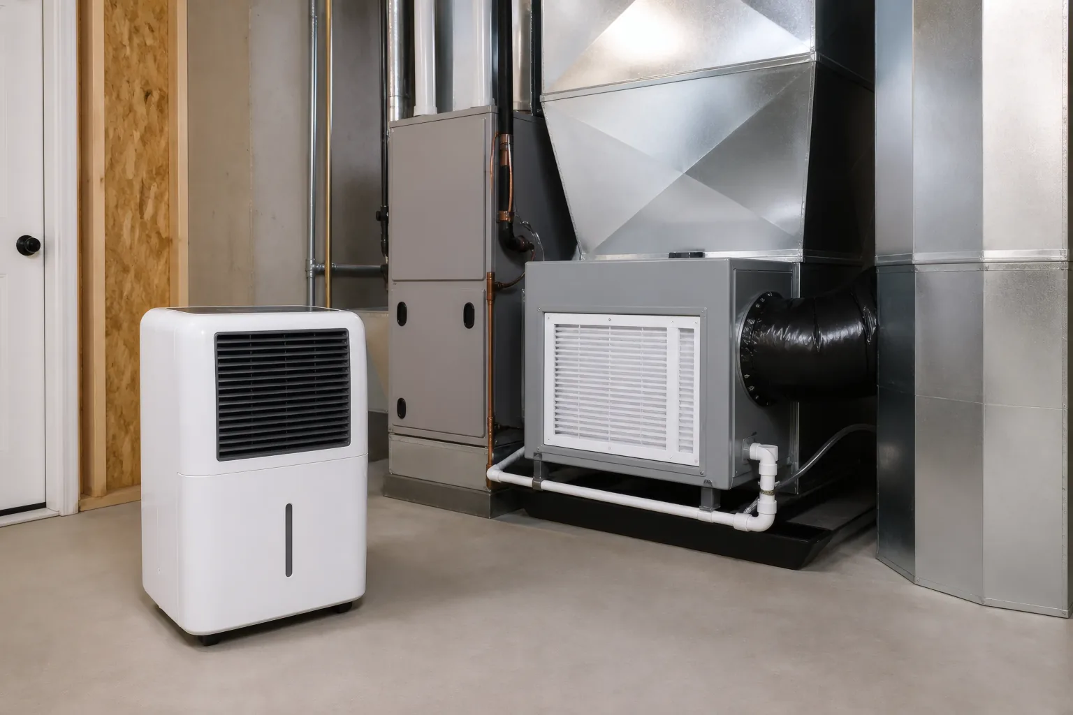 Portable dehumidifier in front of a ducted whole-home unit installed beside an HVAC air handler