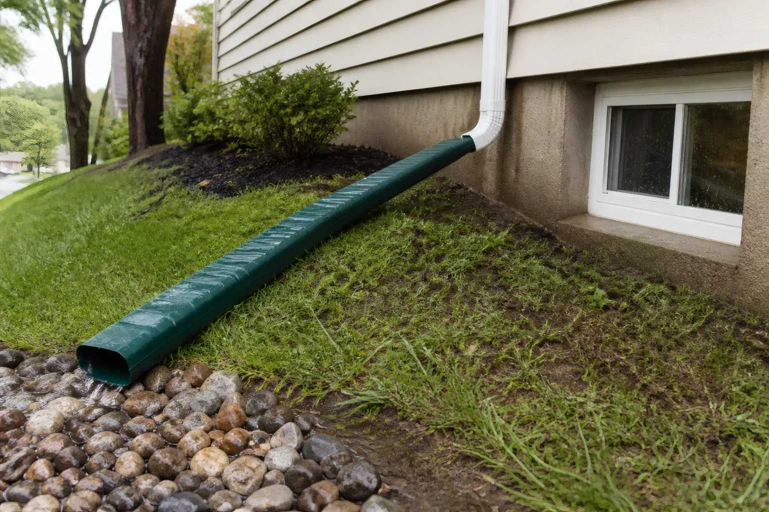Downspout extension carrying rainwater away from a basement wall across soil graded away from the house