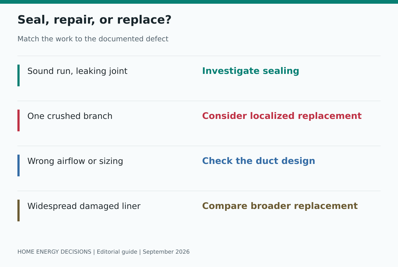 Seal, repair, or replace?: Sound run, leaking joint - Investigate sealing; One crushed branch - Consider localized replacement; Wrong airflow or sizing - Check the duct design; Widespread damaged liner - Compare broader replacement