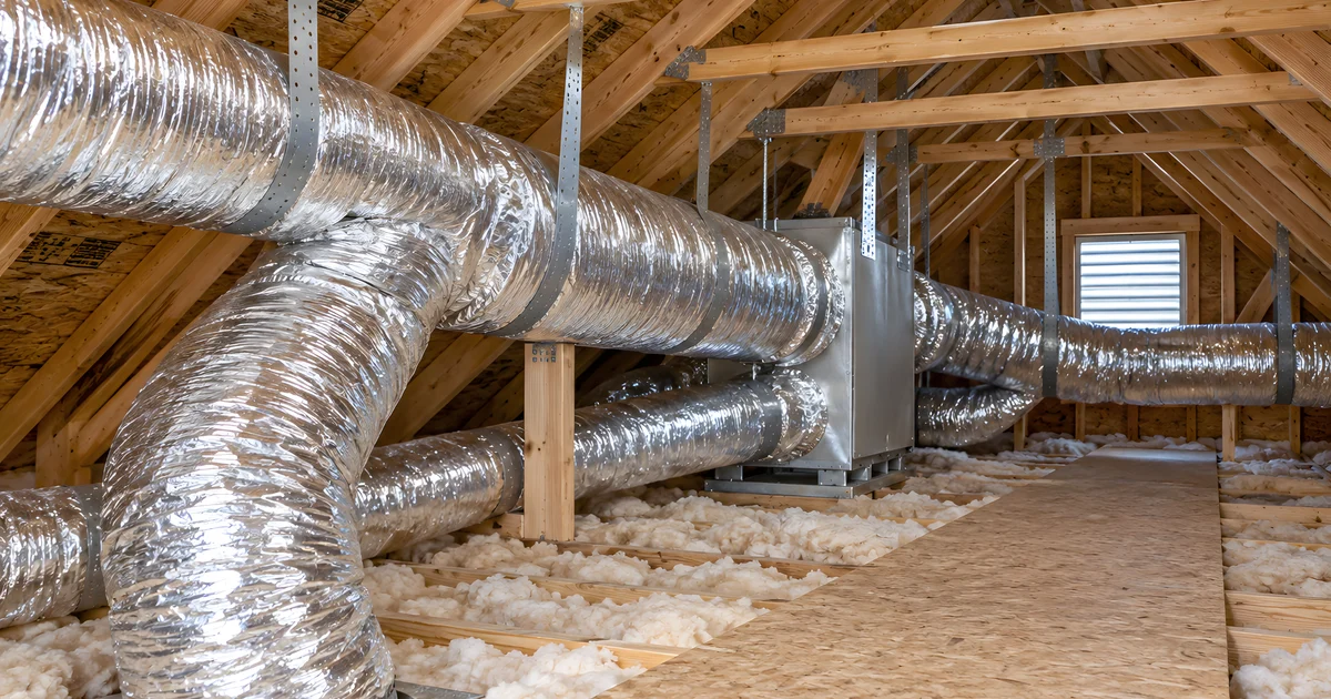 AI-generated illustration of insulated air ducts and a walkway in a timber-framed attic