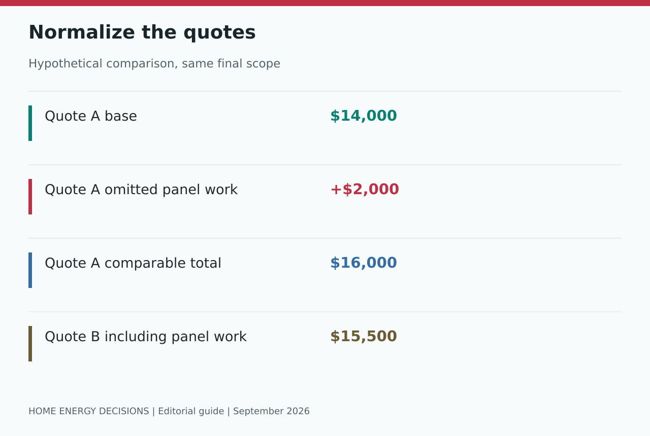 Normalize the quotes: Quote A base - $14,000; Quote A omitted panel work - +$2,000; Quote A comparable total - $16,000; Quote B including panel work - $15,500