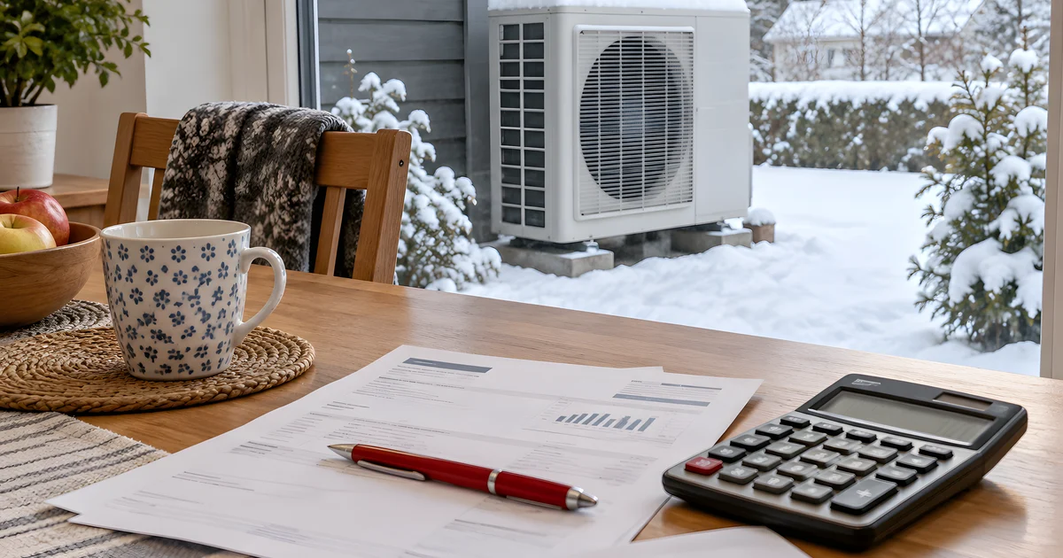 AI-generated illustration of a winter utility bill with a snowy outdoor heat pump