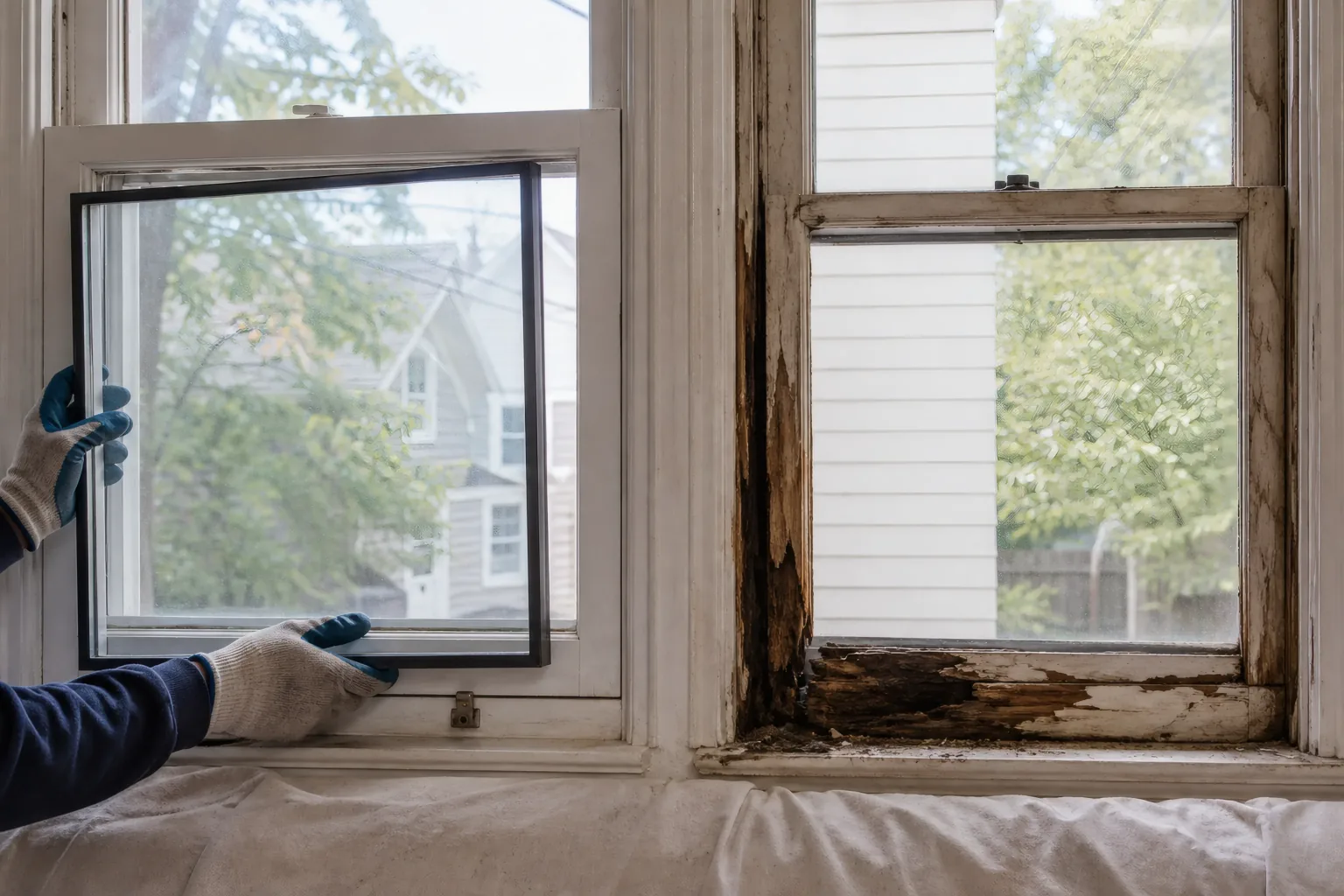 Sound wood window receiving replacement glass beside a second window with localized frame rot
